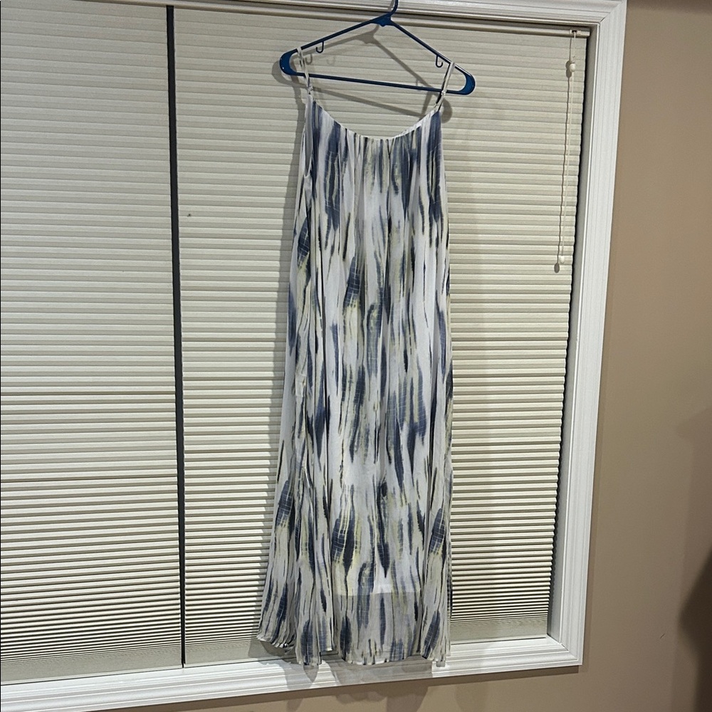 DKNY Blue/White/yellow Sleeveless Maxi Dress, sz large, adjustable straps